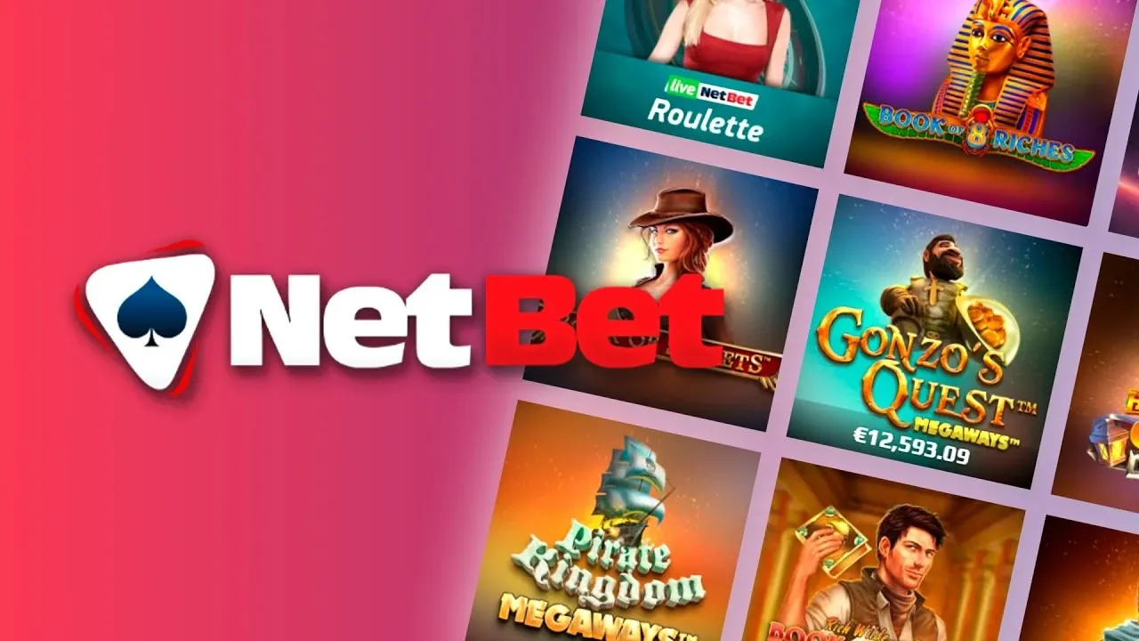 NetBet Casino logo next to live roulette, Book of Ra, Gonzo's Quest Megaways and Pirate Kingdom Megaways tiles
